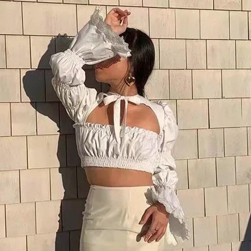 Lace Up White Cotton Blouse Tops Women Sexy Front Cut Crop Tops Summer