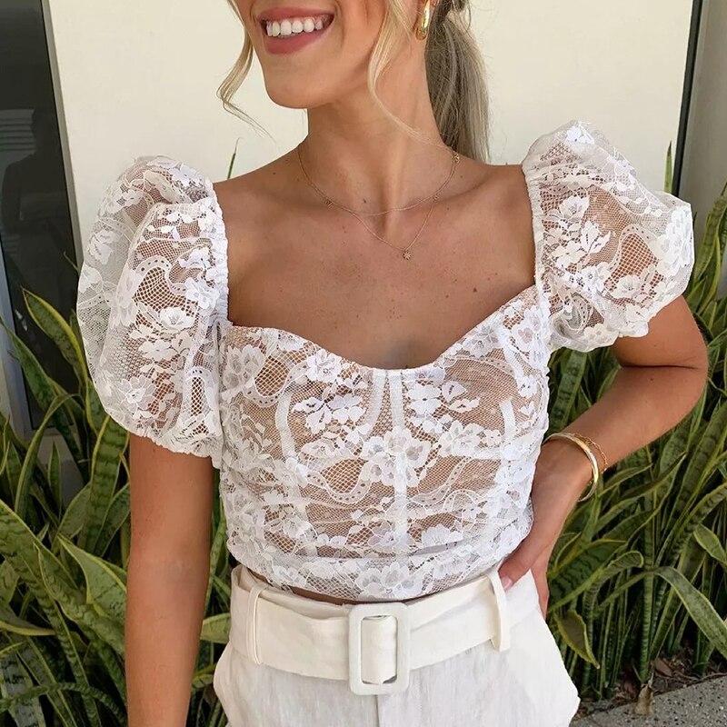 Vintage White Lace Blouse Shirt Women Summer Short Sleeve Crop Top
