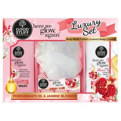Good Stuff Here We Glow Again Pomegranate And Jasmine Blossom Luxury Giftset With Body Wash And Body Lotion Plus Soap And Loofah