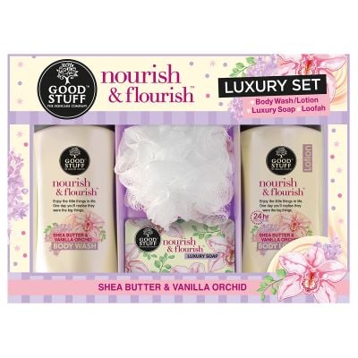 Good Stuff Nourish And Flourish Luxury Gift Set With Body Wash 175ml And Body Lotion 175ml Plus Veg Soap 80g And A Loofah