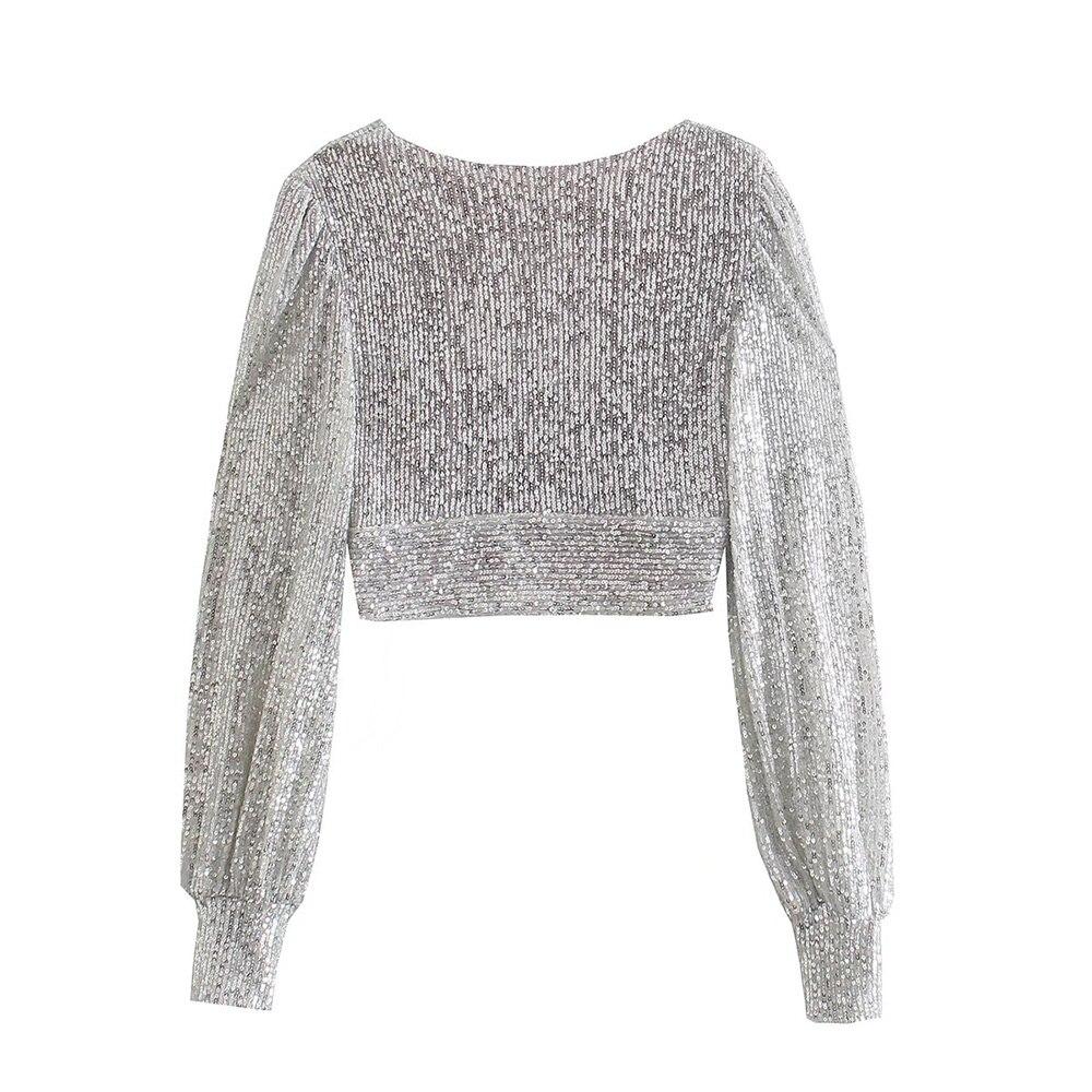 Women Sequined Tops Vintage Silver Crop Top