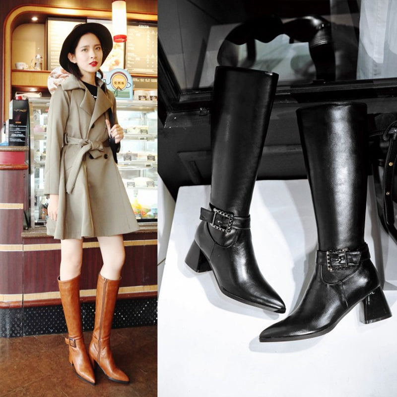 Fashion High Heels Women Knee High Boots PU Leather Office Ladies