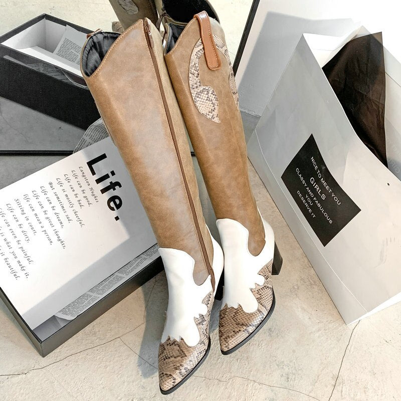 Mixed Colors Women Shoes PU Leather Knee High Boots Pointed Toe