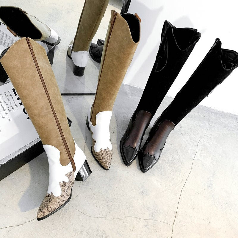 Mixed Colors Women Shoes PU Leather Knee High Boots Pointed Toe