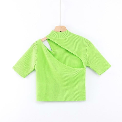 Candy Color High Neck Ribbed Knitted T-shirt