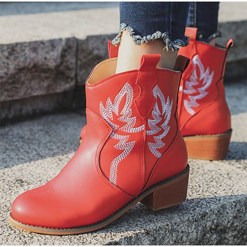 Women Ankle Boots Chunky Heels Embroidered Slip On Wedges Short Plush