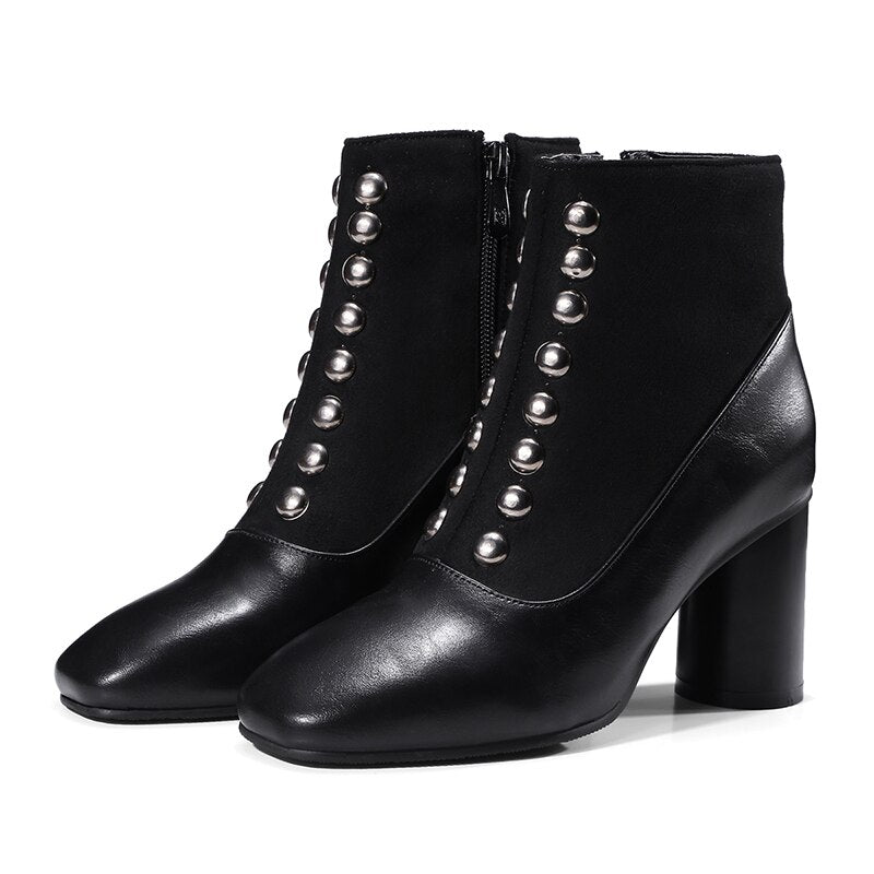 Vintage Square Toe Ankle 
Boots For Women Zipper High Heels Shoes