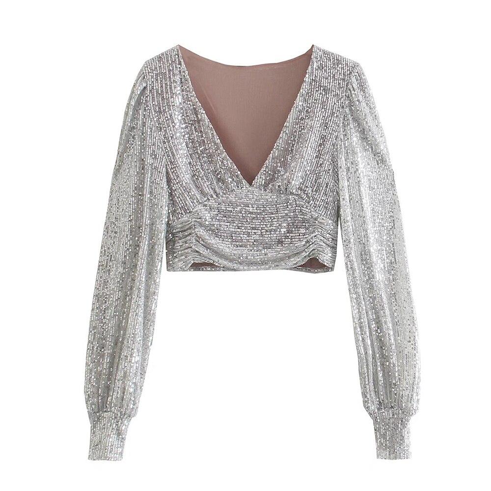 Women Sequined Tops Vintage Silver Crop Top