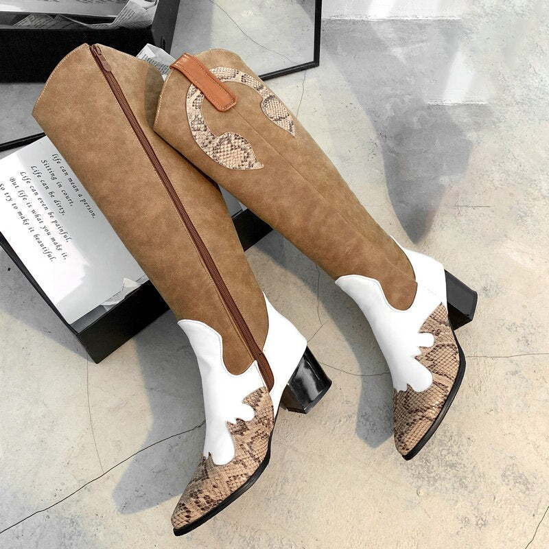 Mixed Colors Women Shoes PU Leather Knee High Boots Pointed Toe