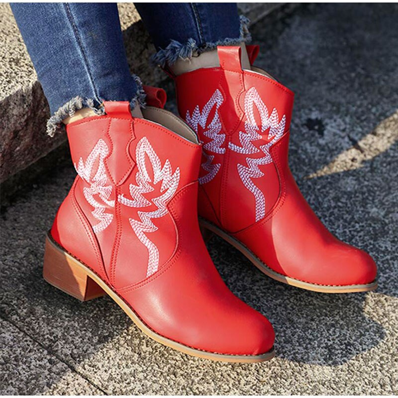 Women Ankle Boots Chunky Heels Embroidered Slip On Wedges Short Plush