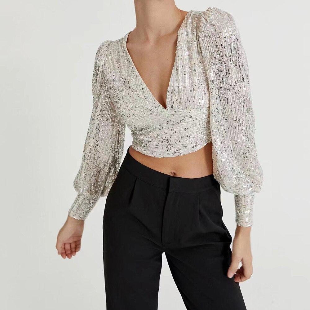 Women Sequined Tops Vintage Silver Crop Top