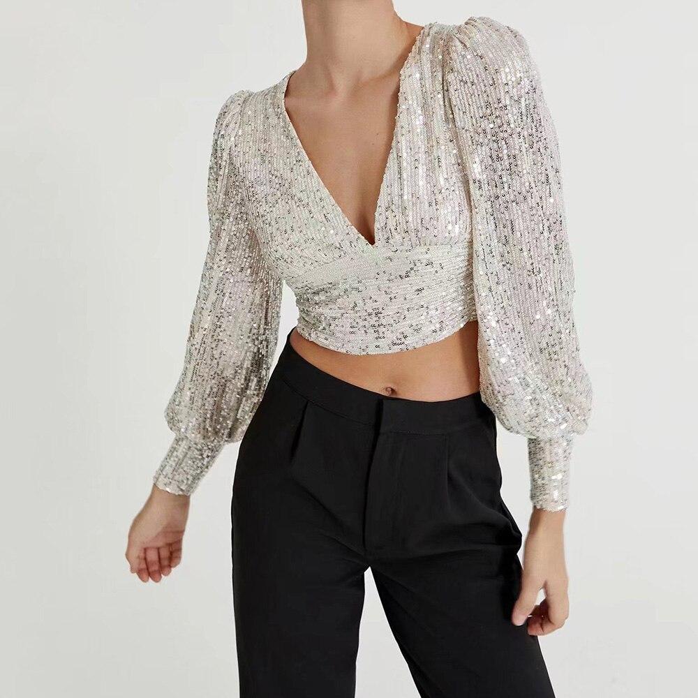 Women Sequined Tops Vintage Silver Crop Top