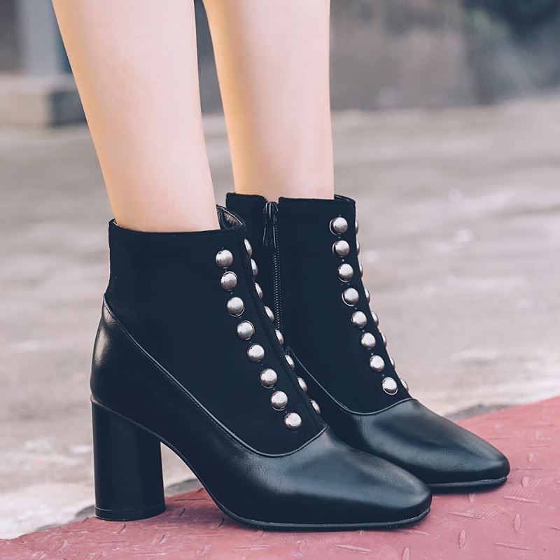 Vintage Square Toe Ankle 
Boots For Women Zipper High Heels Shoes