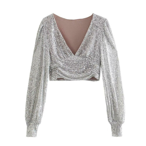 Women Sequined Tops Vintage Silver Crop Top