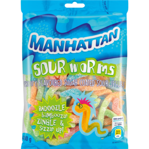 Manhattan Sour Worms Fruity Flavoured Sugar Coated Sour Jellies 400g