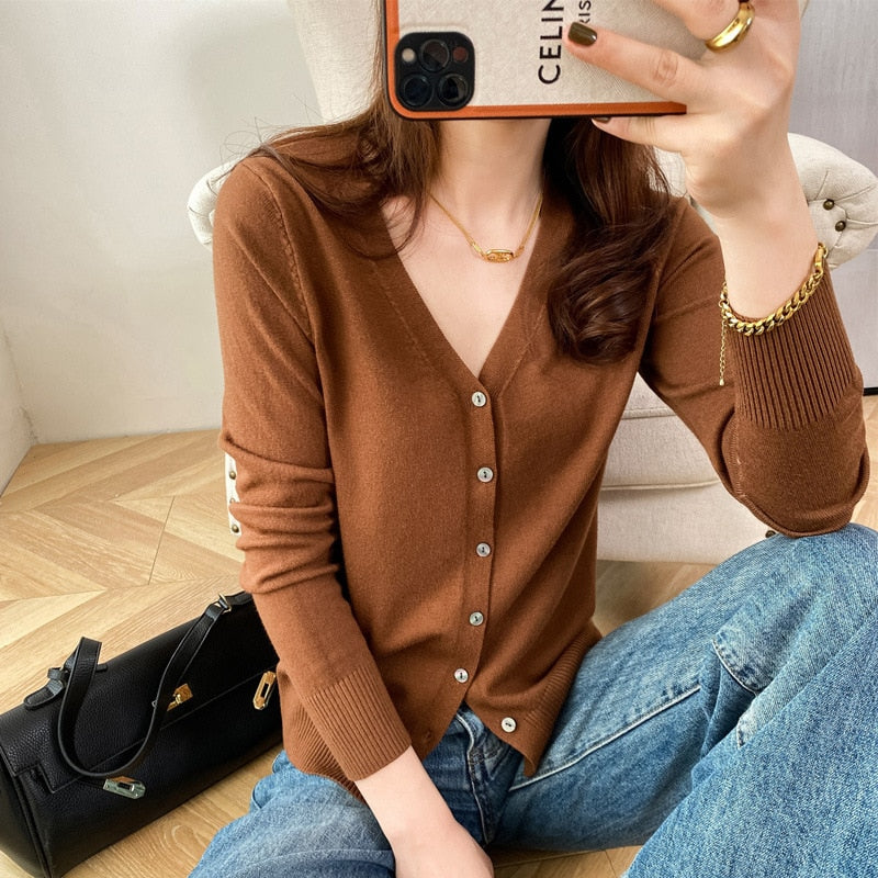New V Neck Long Sleeve Sweater Button Cardigan Ladies Knit Tops