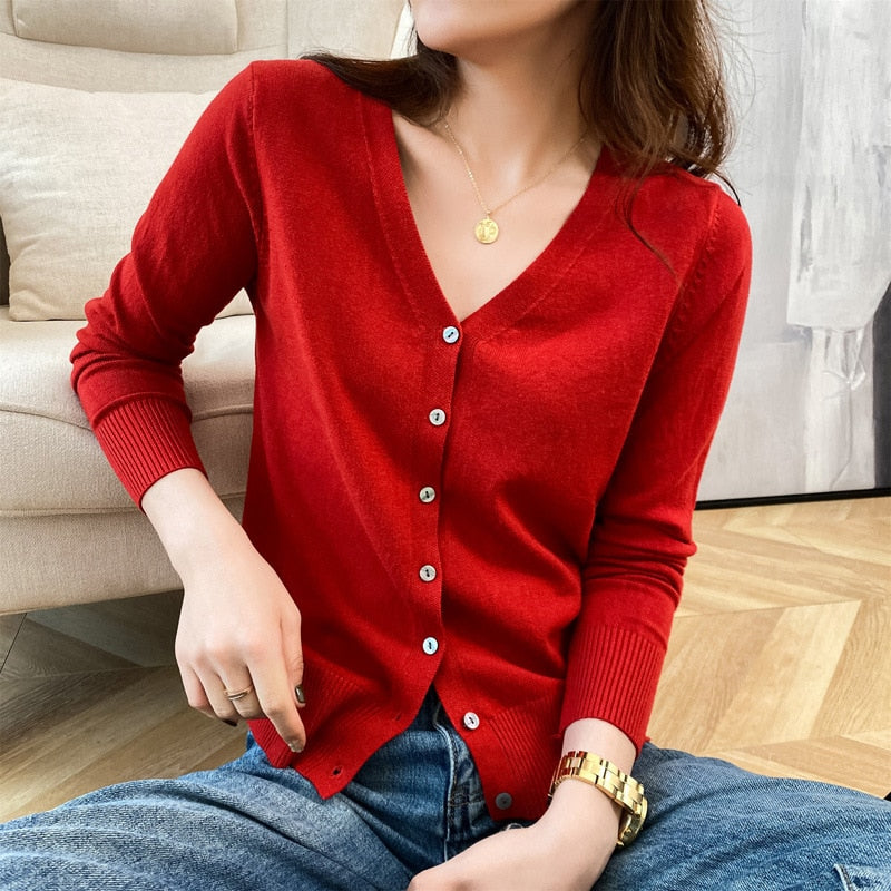 New V Neck Long Sleeve Sweater Button Cardigan Ladies Knit Tops