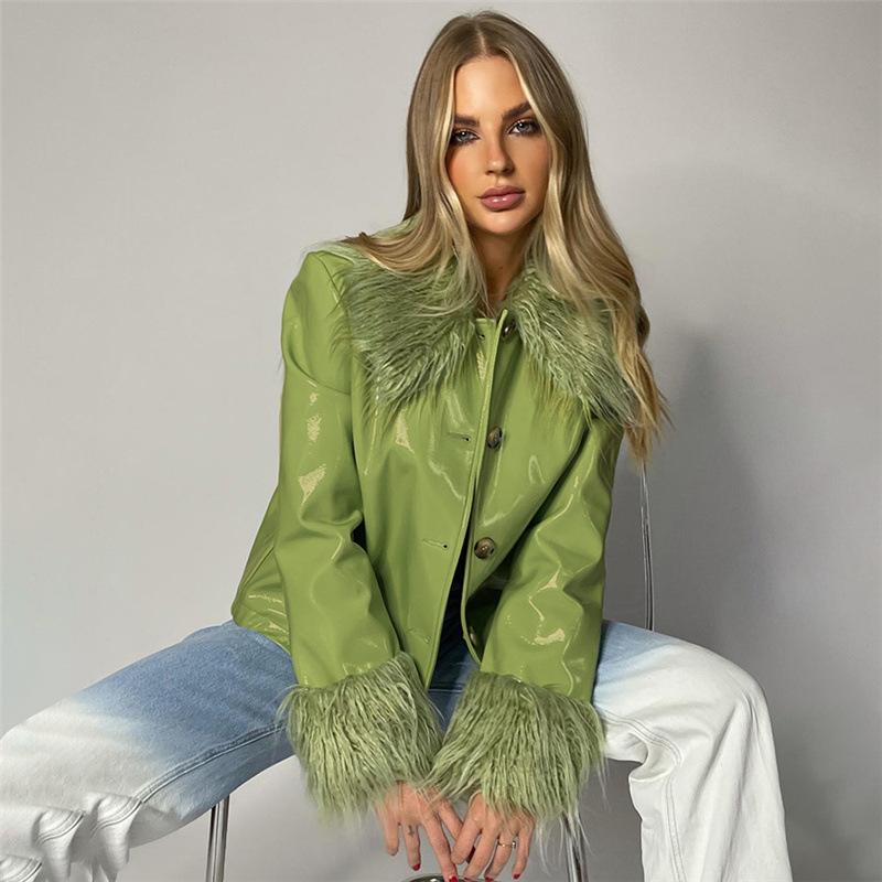 Patchwork Faux PU Leather Feathers High Street Jacket Coat