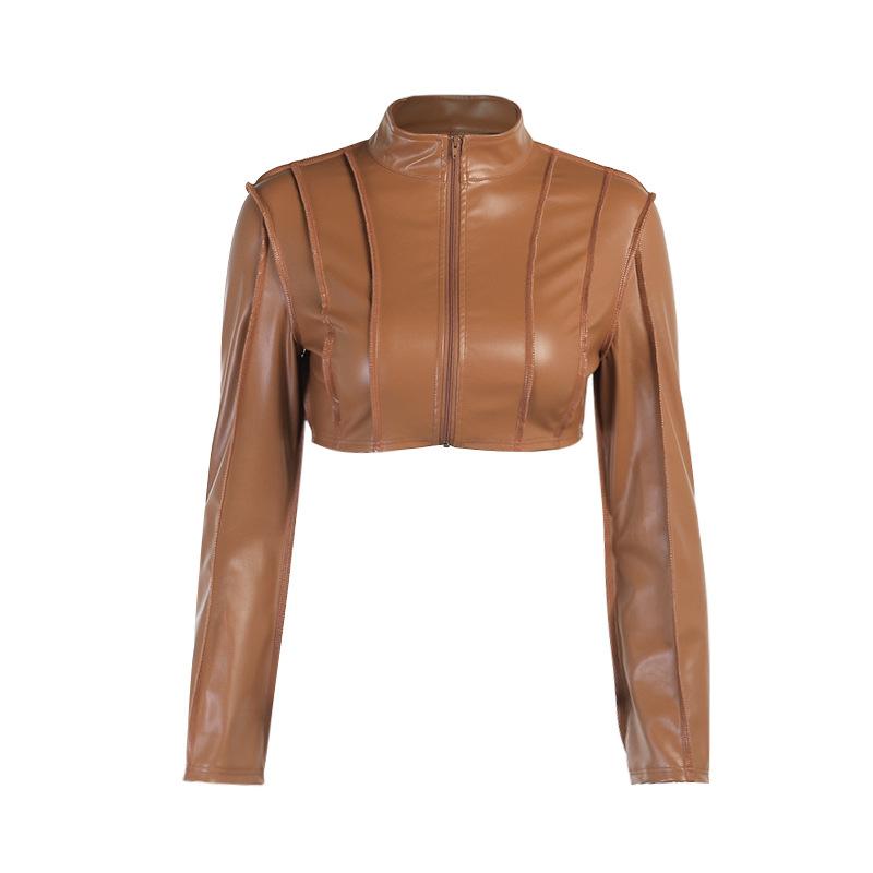 Lapel Long Sleeve Top Solid Fur Ruched Pu Leather Jacket