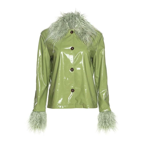 Patchwork Faux PU Leather Feathers High Street Jacket Coat