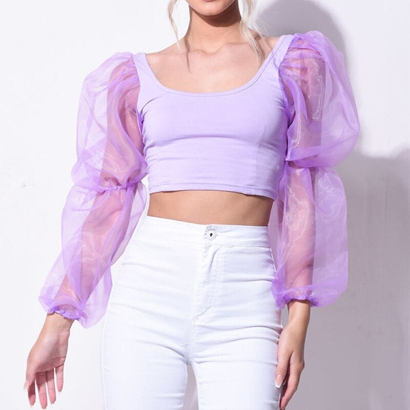 Solid Mesh Patchwork Blouses Sexy Square Collar Loose Top