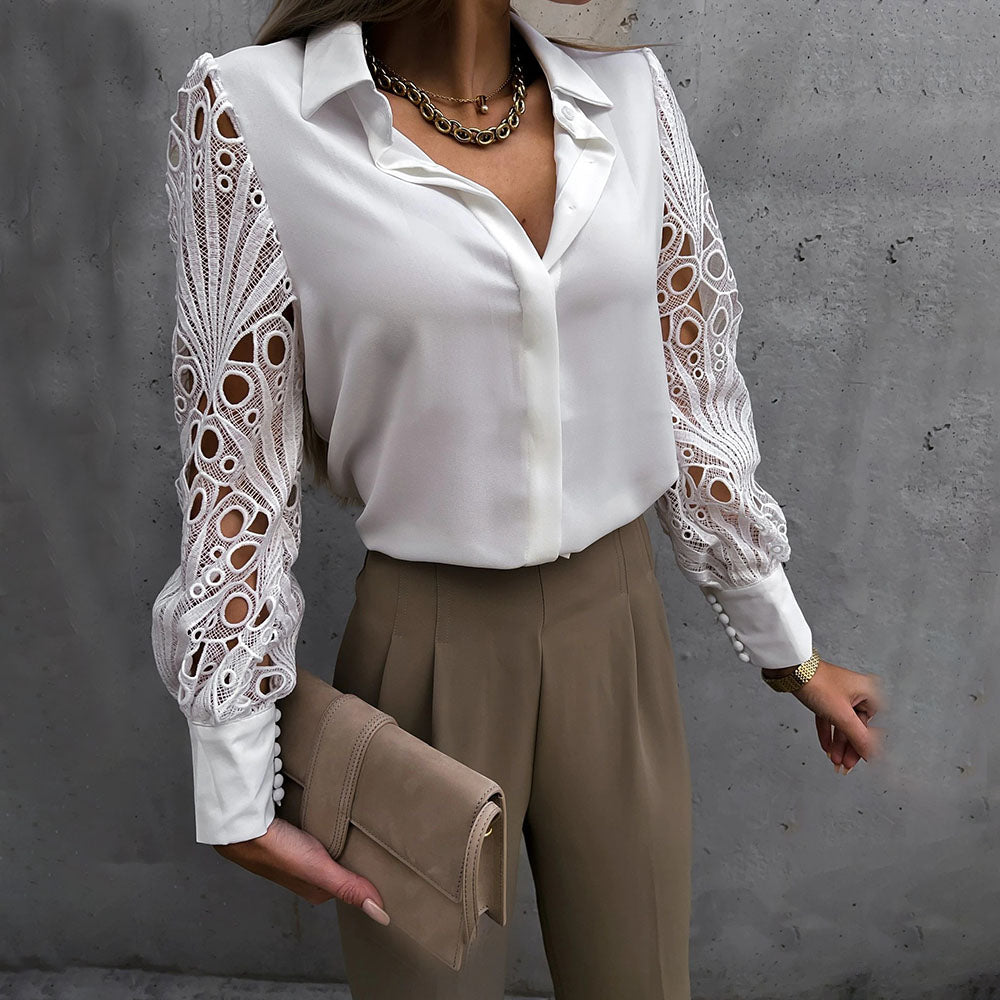 Lace  Long Sleeve White Black Button Blouses Top