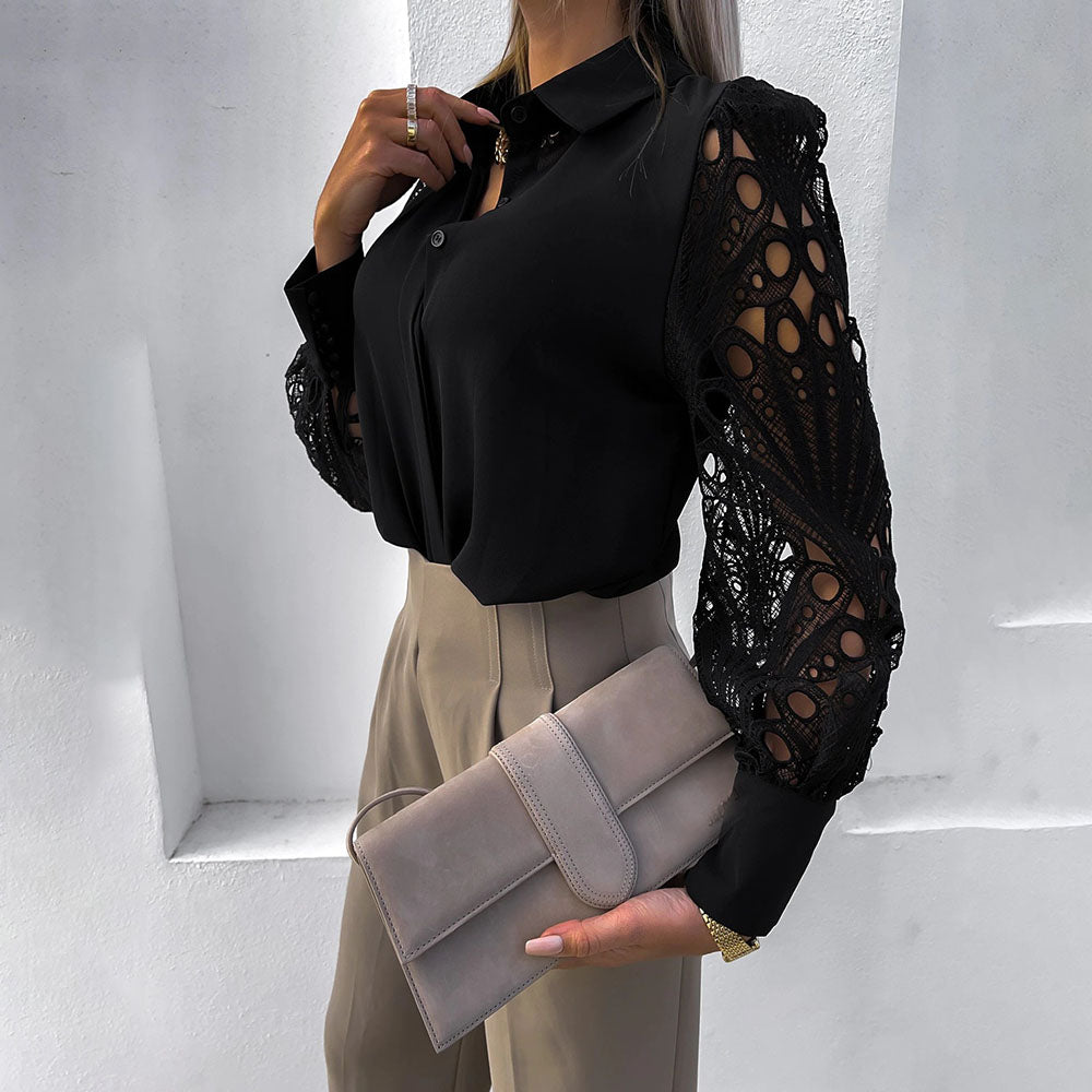 Lace  Long Sleeve White Black Button Blouses Top