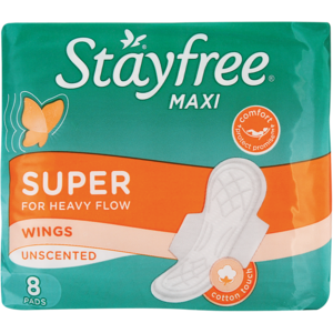 Stayfree Maxi Unscented Super Sanitary Pads For Heavy Flow Wings 8 Pack