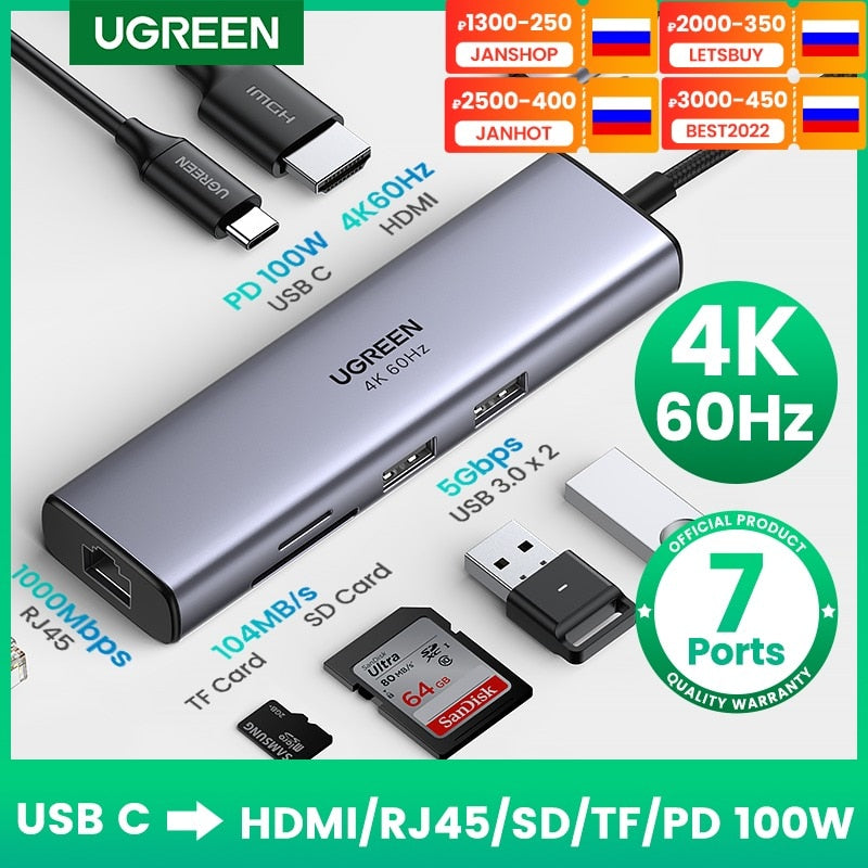 UGREEN USB C HUB 4K 60Hz Type C to HDMI 2.0 RJ45 USB 3.0 PD 100W