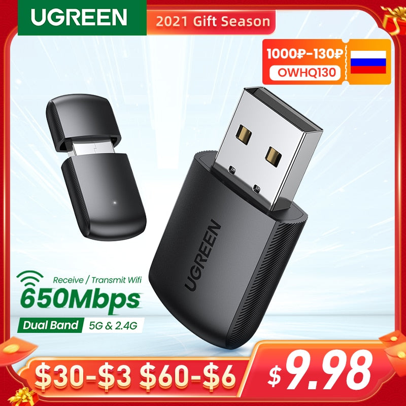 UGREEN Wifi Adapter Wireless Adapter 650Mbps USB WiFi 2.4G & 5G