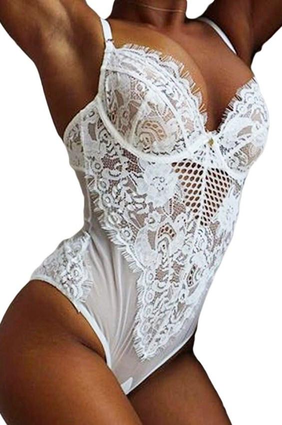 White Sheer Mesh Lace Cupped Teddy Lingerie