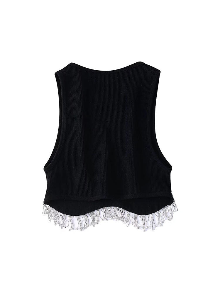 Elegant Solid Irregualr Knitted Tanks Tassel Tanks Crop Top