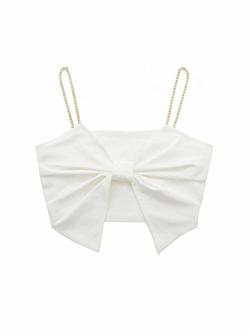 White Slim Bow Short Tops Sweet Backless Cropped Camisole