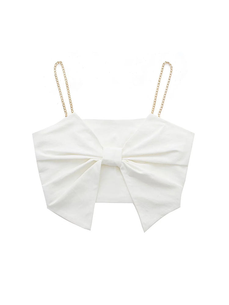 White Slim Bow Short Tops Sweet Backless Cropped Camisole