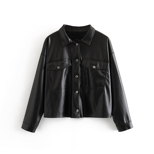 Women Black Faux Leather Coat Jacket Atumn