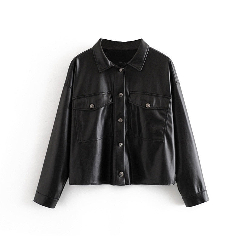Women Black Faux Leather Coat Jacket Atumn