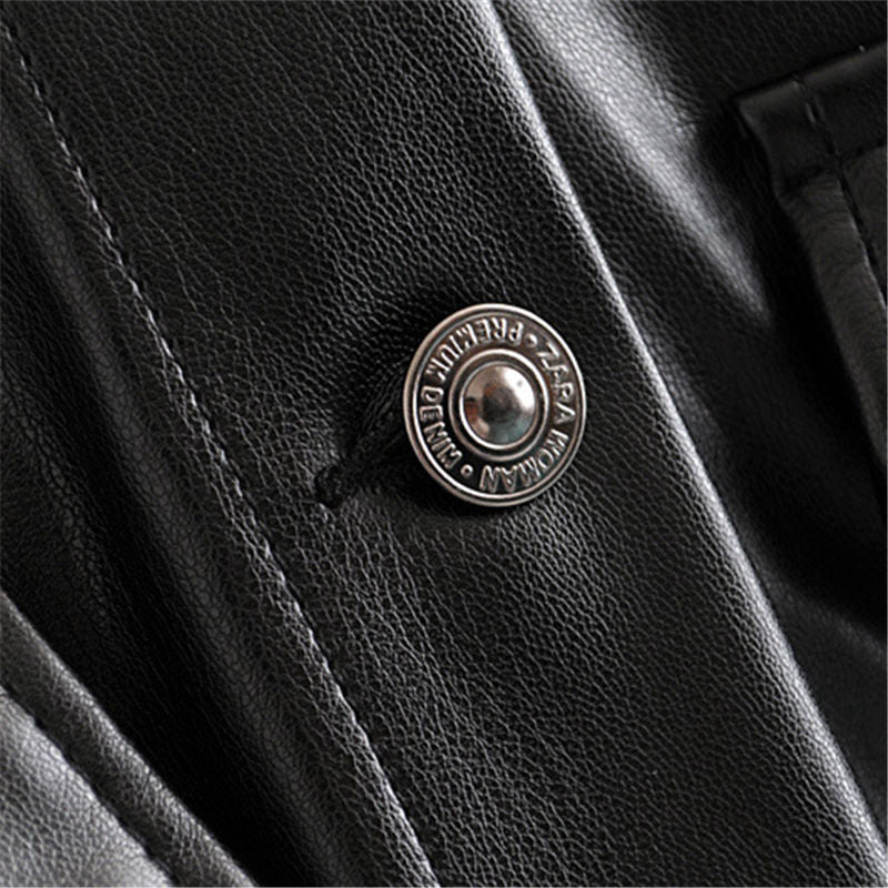 Women Black Faux Leather Coat Jacket Atumn