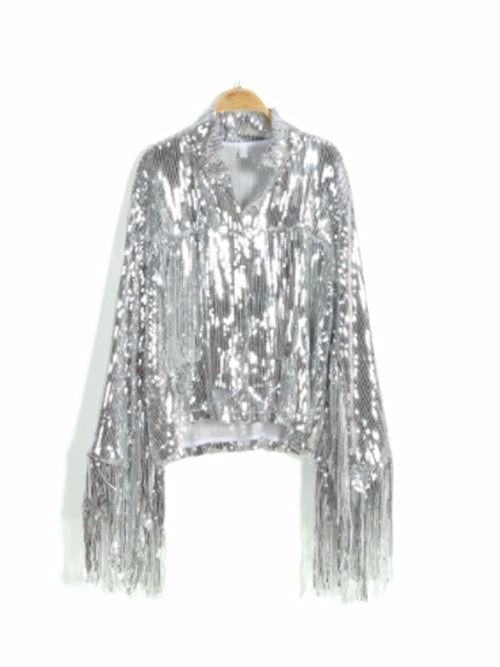 Tassel Sequin Jacket  Streewear Rock BF Retro Long-sleeved Silver