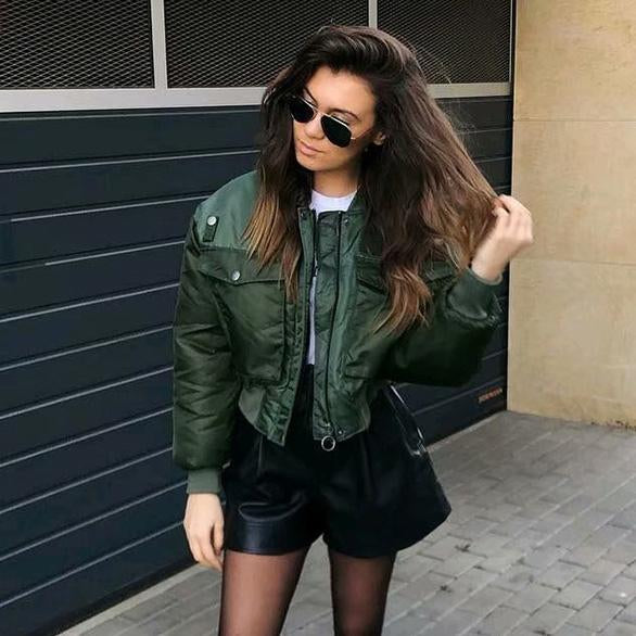 Women Chic Green Oversize Bomber Jacket Pockets Zippers Coat Casual