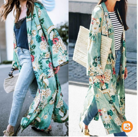 Printed gown and kimono cardigan