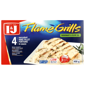 I&J Flame Grills Frozen Hake Fillet Portions in Rosemary & Olive Oil Sauce 400g - myhoodmarket
