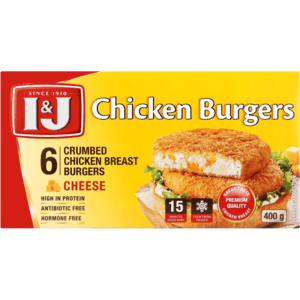 I&J Frozen Crumbed Chicken Breast Burgers With Cheese 400g - myhoodmarket