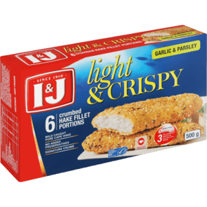 I&J Light & Crispy Garlic & Parsley 6 Crumbed Hake Fillet Portions 500g - myhoodmarket