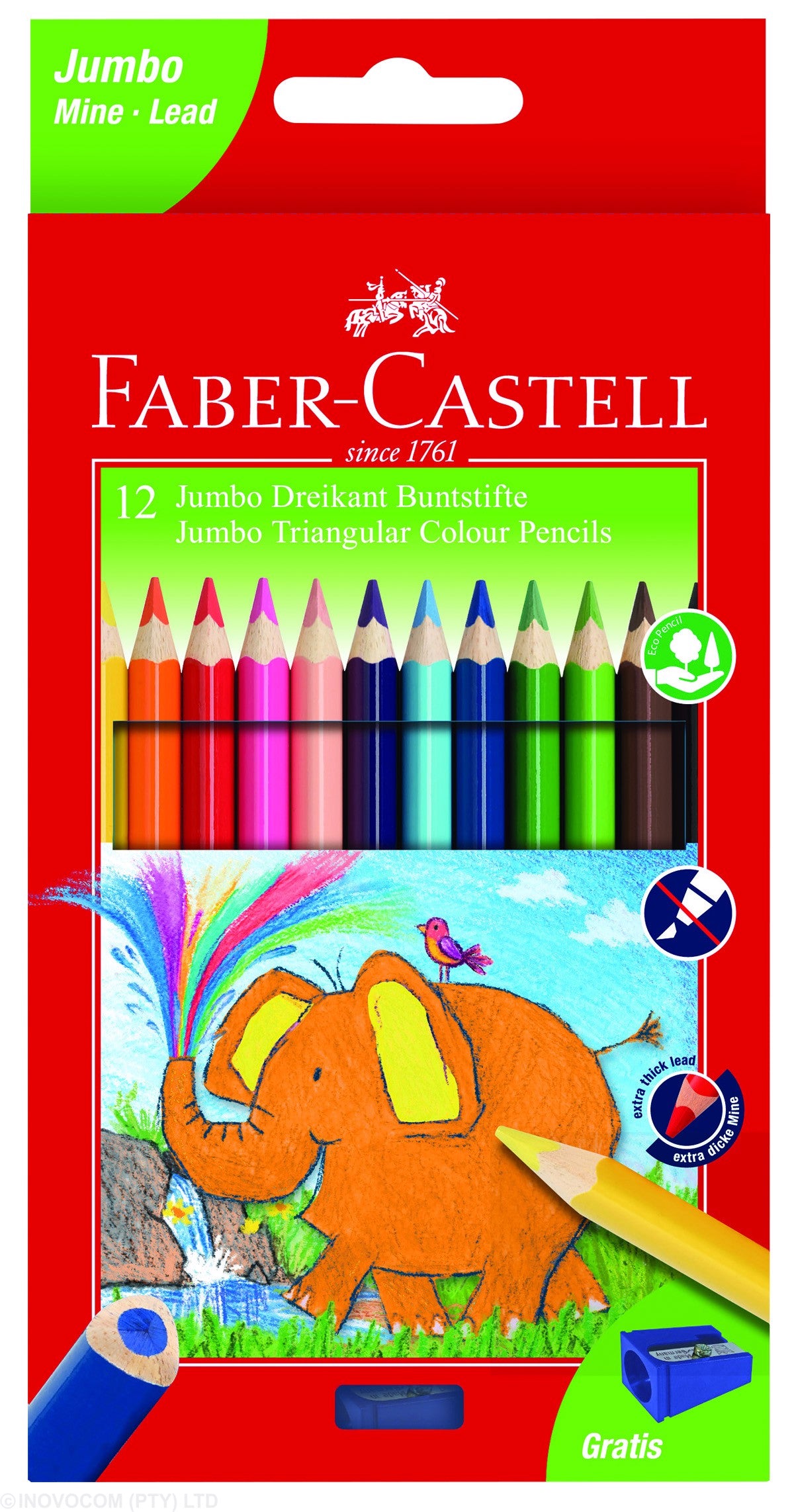 Faber Castell 12 Jumbo Triangular Colour Pencils with Free Sharpeners