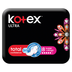 Kotex Ultra Total Confidence 3-In-1 Super Sanitary Pads With Wings 8 Pack - myhoodmarket