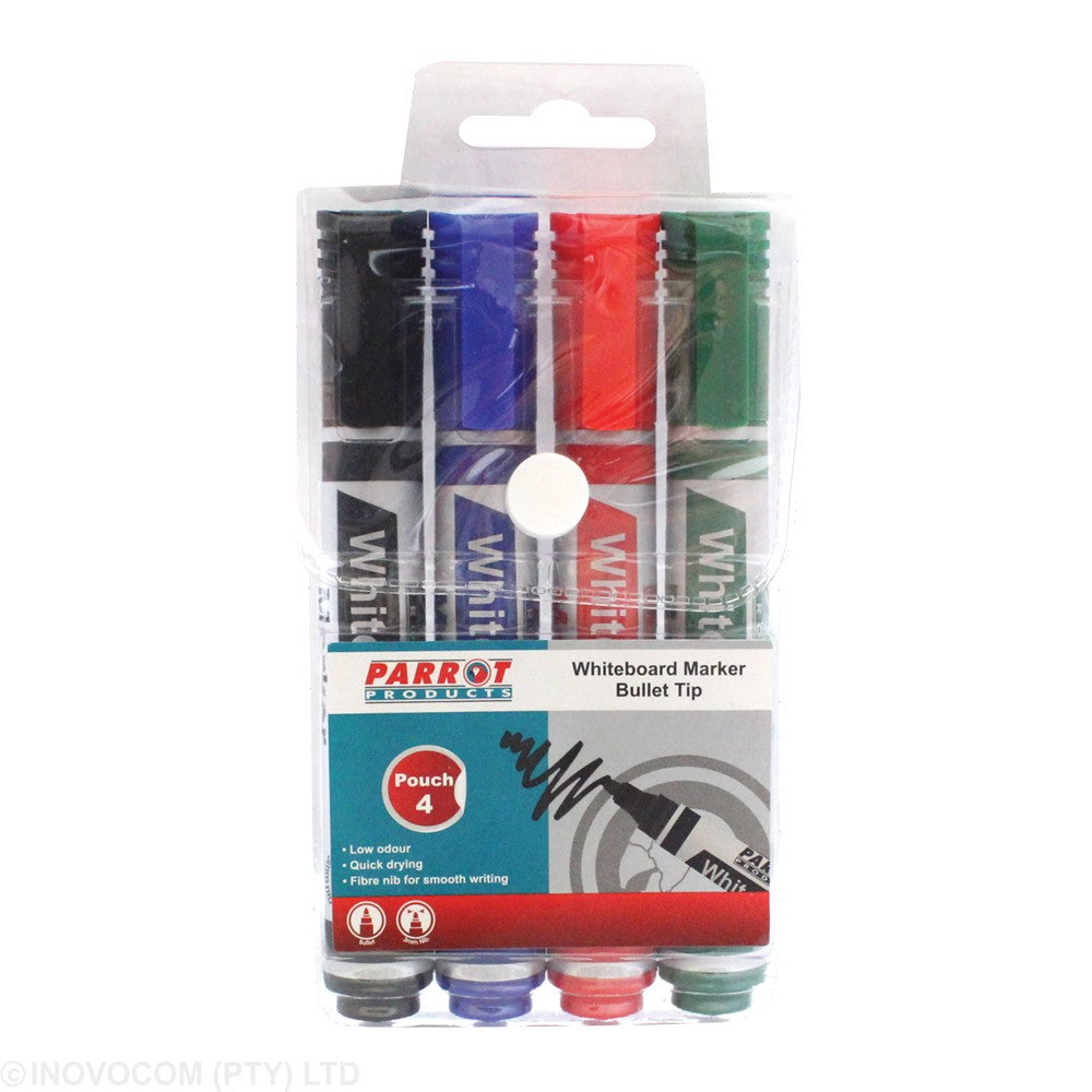 Parrot Whiteboard Markers Bullet Tip Pouch 4 Assorted