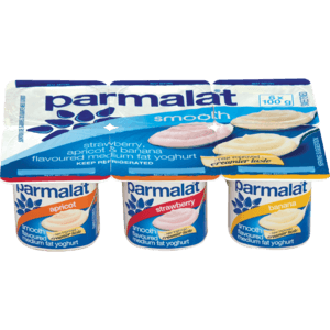 Parmalat Smooth Medium Fat Apricot StrawberryBanana Multipack Yoghurt 6 x 100g - myhoodmarket