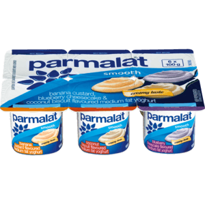 Parmalat Smooth Medium Fat Banana Custard Coconut Biscuit Blueberry Cheesecake Multipack Yoghurt 6 x 100g - myhoodmarket