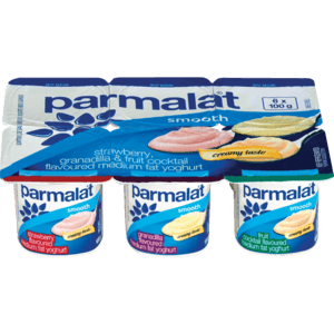 Parmalat Smooth Medium Fat Strawberry Granadilla Fruit Cocktail Multipack Yoghurt 6 x 100g - myhoodmarket