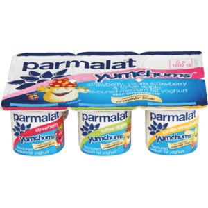 Parmalat Yumchums Smooth Medium Fat StrawberryToffee Apple Vanilla Strawberry Multipack Yoghurt 6 x 100g - myhoodmarket